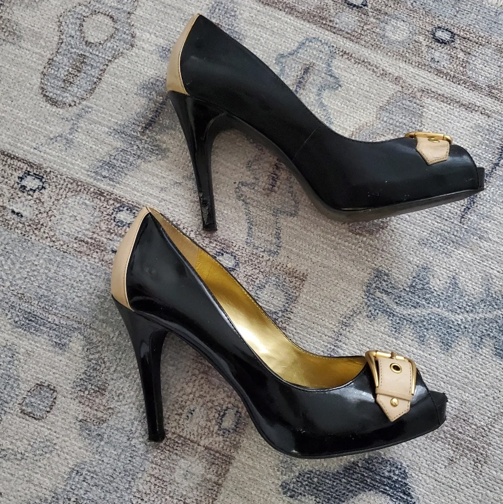 Next Black and Cream Buckle Peep Toe Heel Pumps Shoes Sz7.5